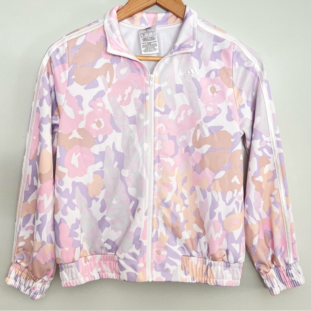 Adidas Kids Pink Camo Track Jacket Girls L Large 14 Full Zip Tri-Stripe Athletic